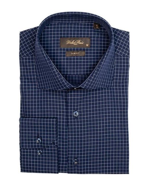 VELLAPAIS Blue Grid Cotton Slim Fit Button Down Shirt for men