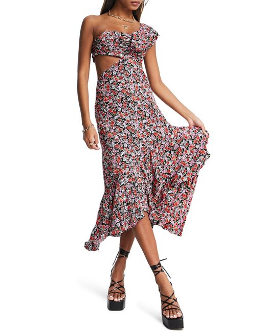 TOPSHOP Red One Shoulder Floral Print Cutout Dress