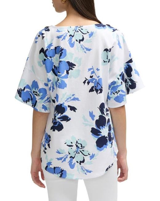 Ellen Tracy Blue Round Neck Button Detail Linen Blend Top