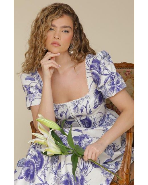 Avec Les Filles Purple Botanical Print Corset Bodice Stretch Cotton Midi Dress