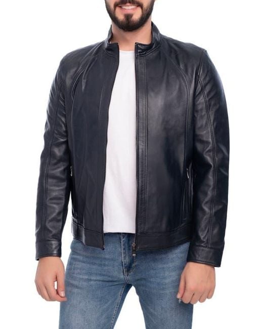 VELLAPAIS Blue Smooth Leather Jacket for men