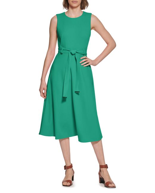 Calvin Klein Green Sleeveless Belted A-line Midi Dress