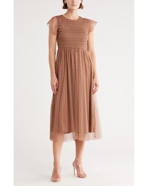 Blu Pepper Brown Smocked Flutter Sleeve Midi Dress
