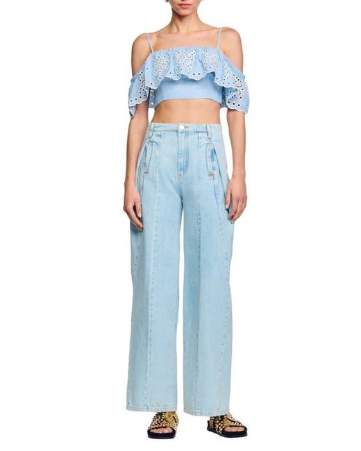 Sandro Blue Alon Ruffle Eyelet Cold Shoulder Crop Top