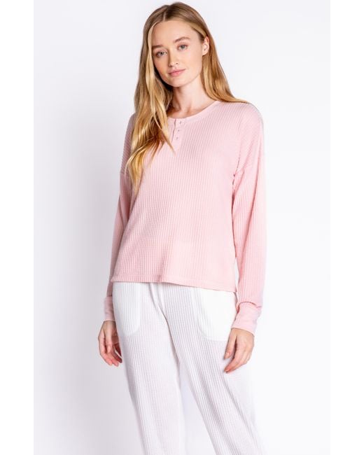 Pj Salvage Waffle Knit Henley Thermal Lounge Top in Pink