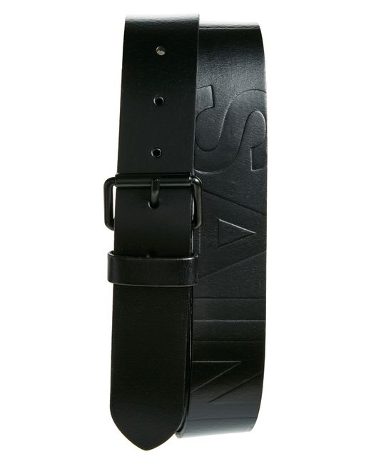 AllSaints Black Oversize Embossed Logo Leather Belt for men