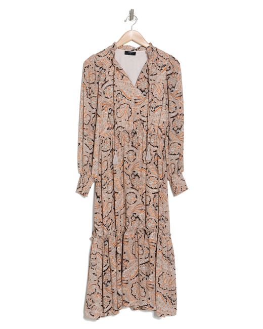 Tahari Brown Paisley Split Neck Long Sleeve Maxi Dress
