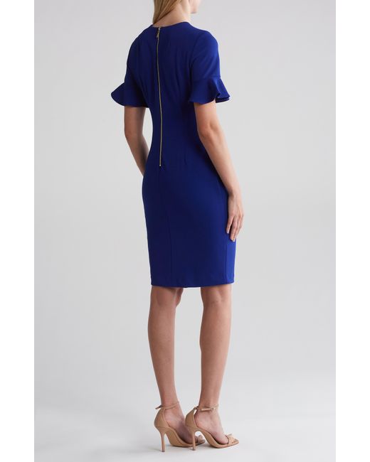Calvin Klein Blue Ruffle Short Sleeve Sheath Dress