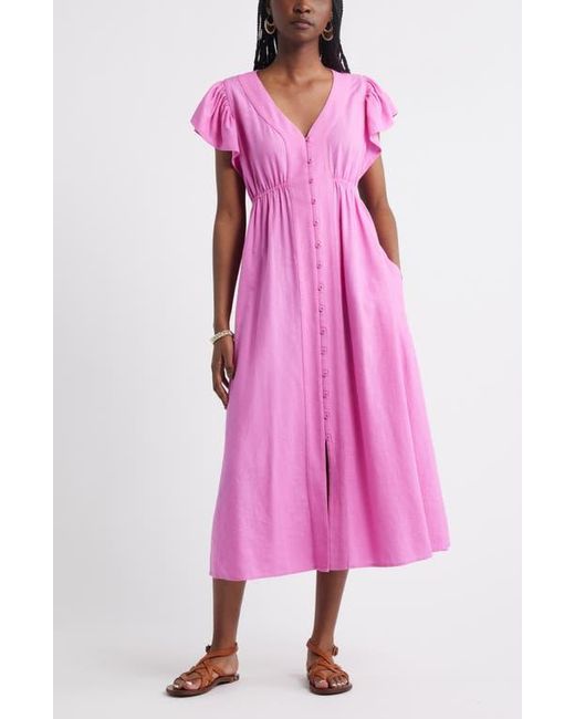 Treasure & Bond Short Sleeve Button Down Linen Blend Midi Dress in Pink |  Lyst