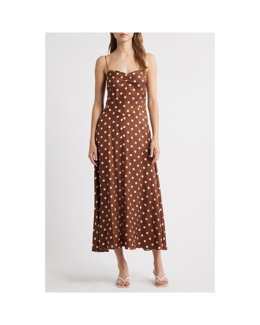 Doen Lorraine Polka Dot Silk Blend Satin Midi Dress in Brown | Lyst