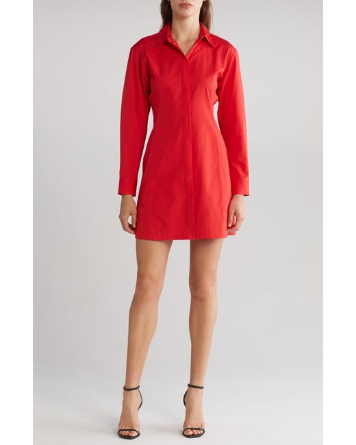 Theory Red Downing Long Sleeve Cotton Shirtdress