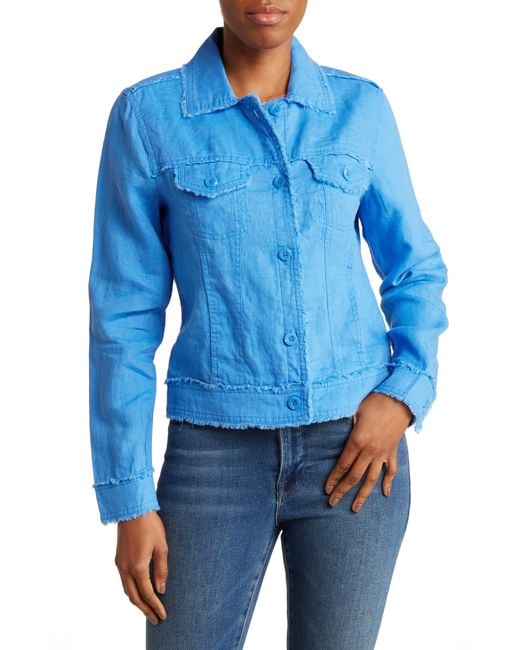 Tahari Blue Fringe Trim Linen Shirt Jacket