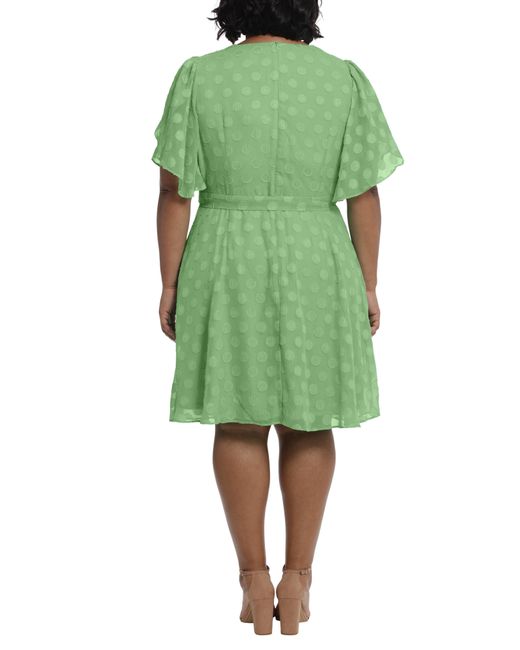 London Times Green Flutter Sleeve Faux Wrap Dress