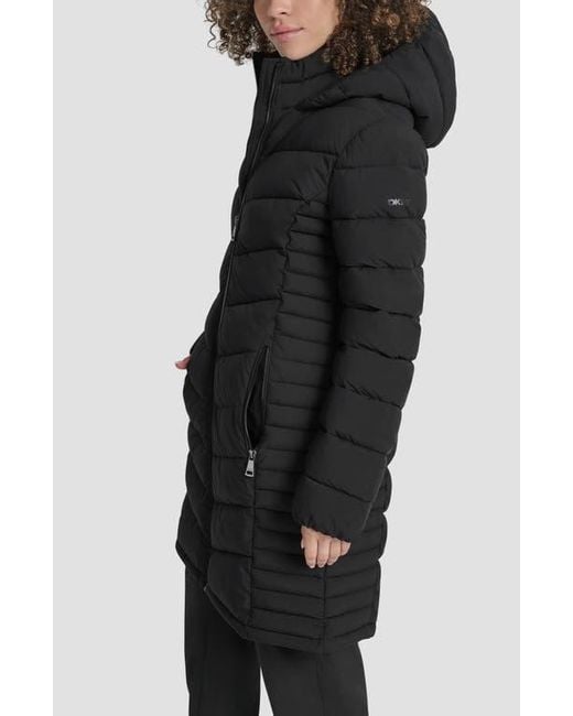 DKNY Black Cire Packable Hooded Longline Puffer Jacket