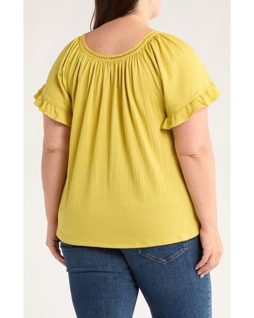 Max Studio Yellow Embellished Yoke Flutter Sleeve Top