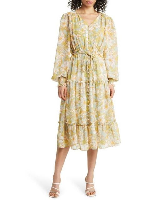 Rachel Parcell Yellow Floral Long Sleeve Chiffon Midi Dress
