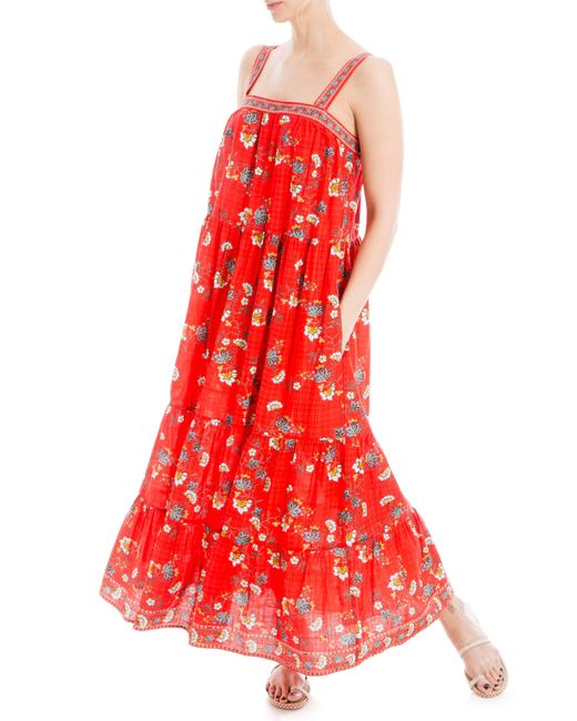Max Studio Floral Tiered Cotton Blend Maxi Dress
