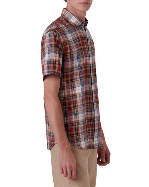 Bugatchi Red Plaid Short Sleeve Linen Button-Up Shirt for men