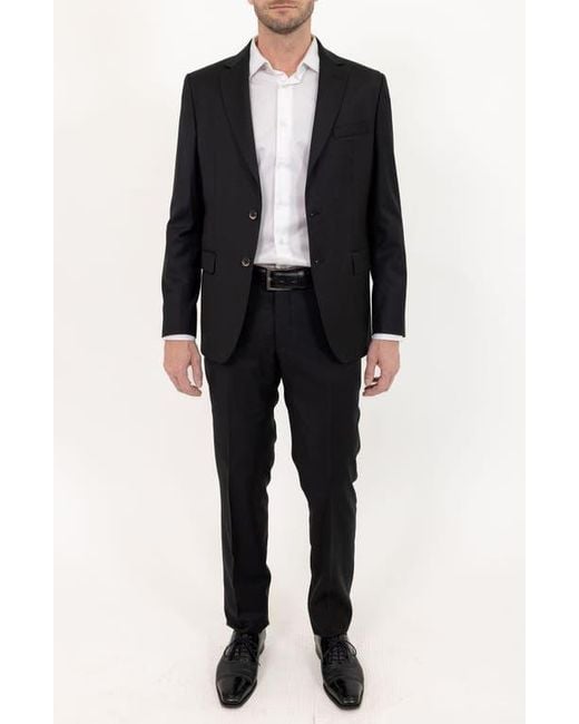 PINOPORTE Black Solid Stretch Wool Suit for men