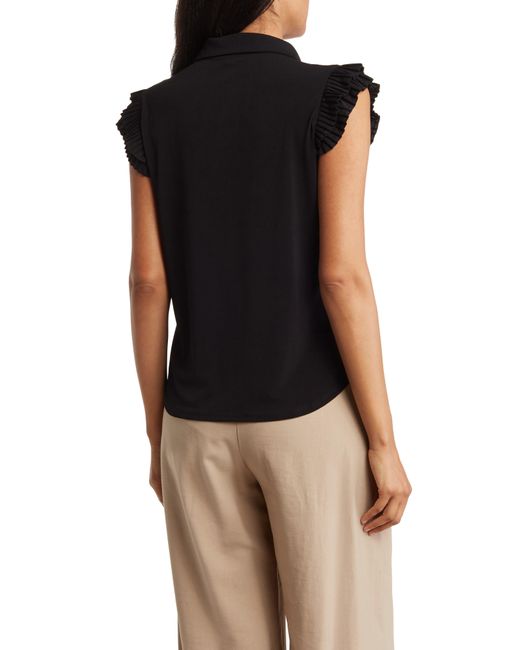 Adrianna Papell Black Pleated Cap Sleeve Button-up Shirt