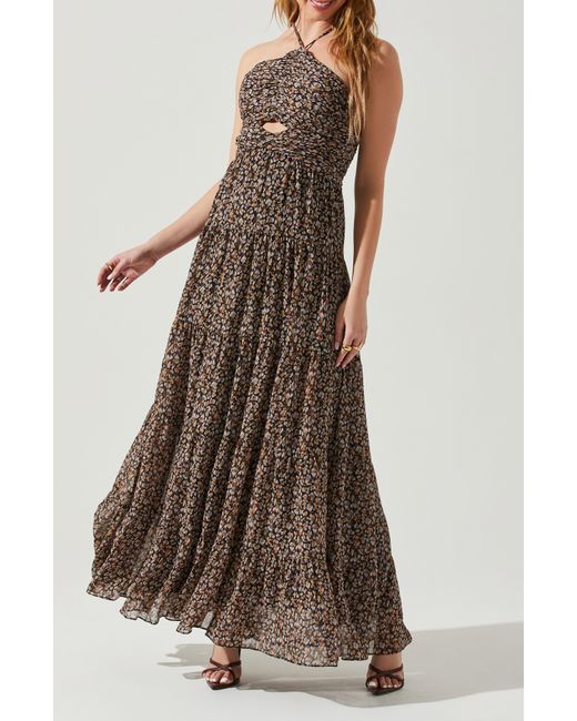 Astr Brown Madeline Tiered Cutout Maxi Dress
