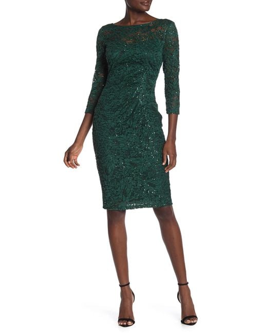 Marina Sequin Lace 3 4 Sleeve Sheath Dress in Green Lyst