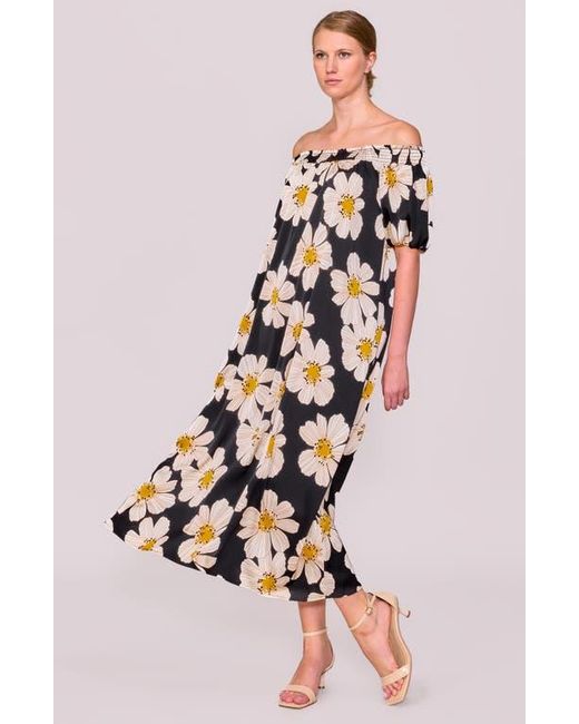 MELLODAY Black Floral Off The Shoulder Puff Sleeve Satin Dress