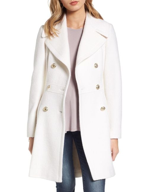 Guess White Double Breasted Wool Blend Coat