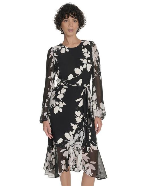 Tommy Hilfiger Black Floral Long Sleeve Ruffle Mixed Media Midi Dress