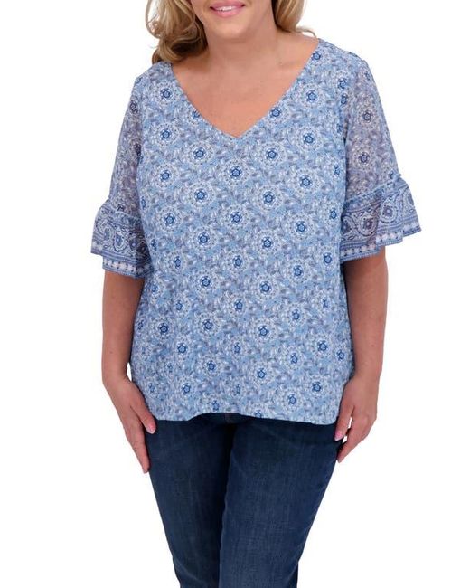 Lucky Brand Blue Mixed Media Flutter Sleeve Top