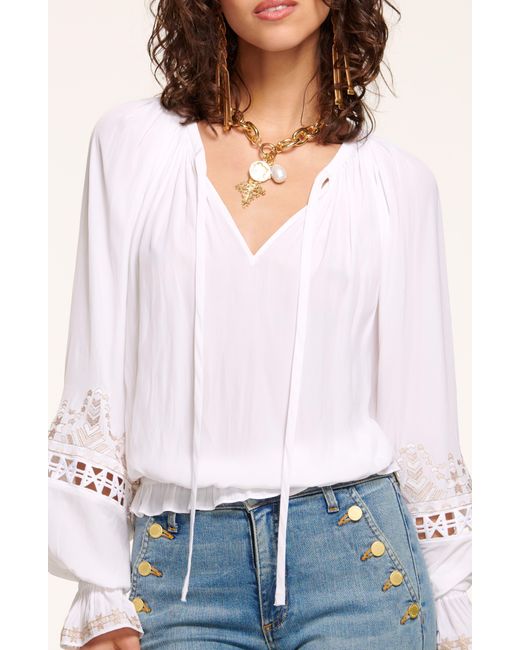 Ramy Brook White Alizee Embroidered Split Neck Blouse