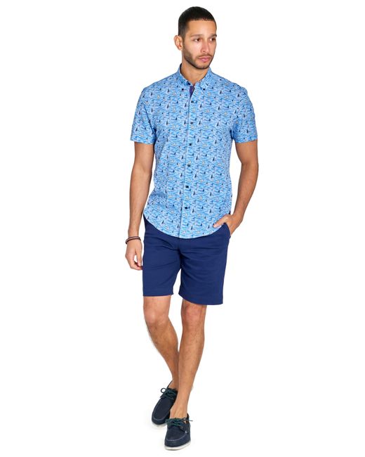 Con.struct Blue Slim Fit Boat Four-way Stretch Performance Short Sleeve Button-down Shirt for men