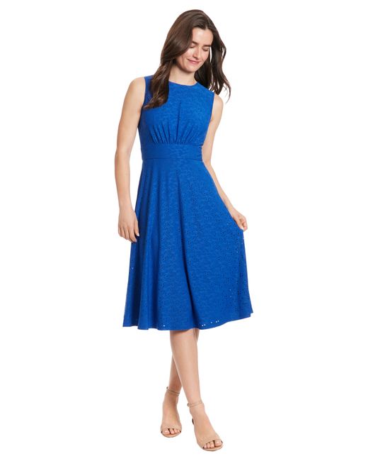 London Times Blue Eyelet Jersey Sleeveless Midi Dress