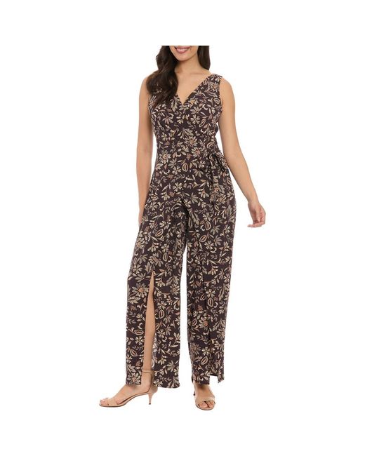 London Times Brown Floral Walk-Through Jumpsuit