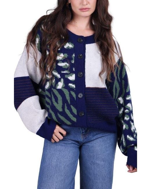 Saachi Blue Leopard Patchwork Knit Cardigan Sweater