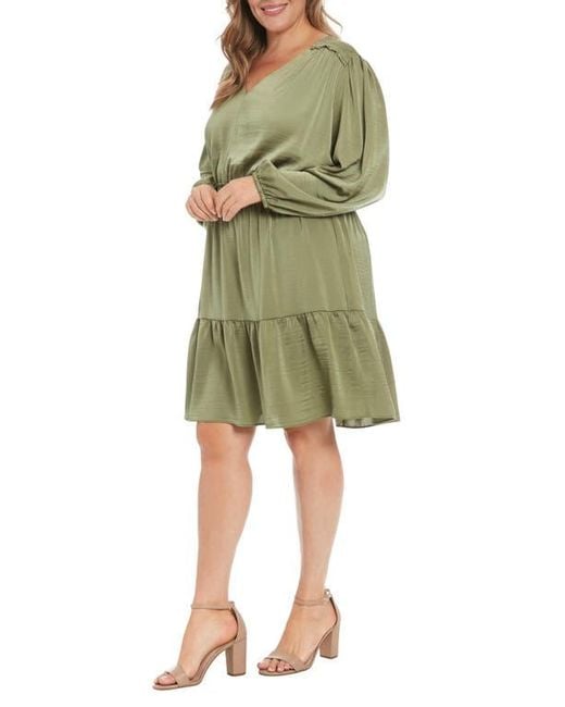 London Times Green Air Wash Smock Waist Long Sleeve Dress