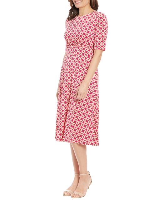 London Times Pink Geo Print Elbow Sleeve Fit & Flare Dress
