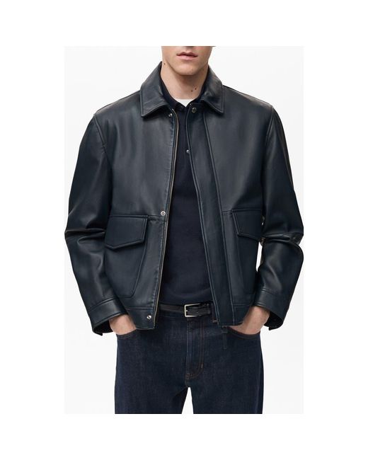 Mango Blue Leather Jacket With Pockets for men