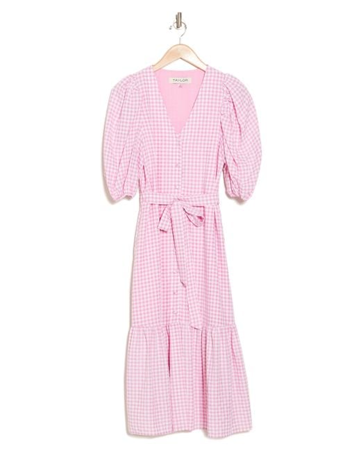 Taylor Dresses Pink Gingham V-neck Puff Sleeve Dress