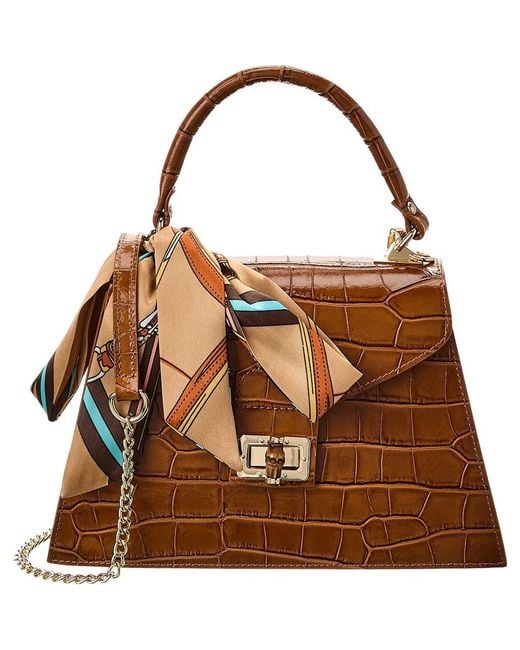 Persaman New York Brown Marta Croc Embossed Satchel With Scarf