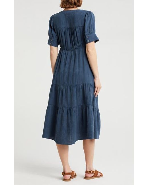 Madewell Blue Lightspun Tiered Button Front Midi Dress