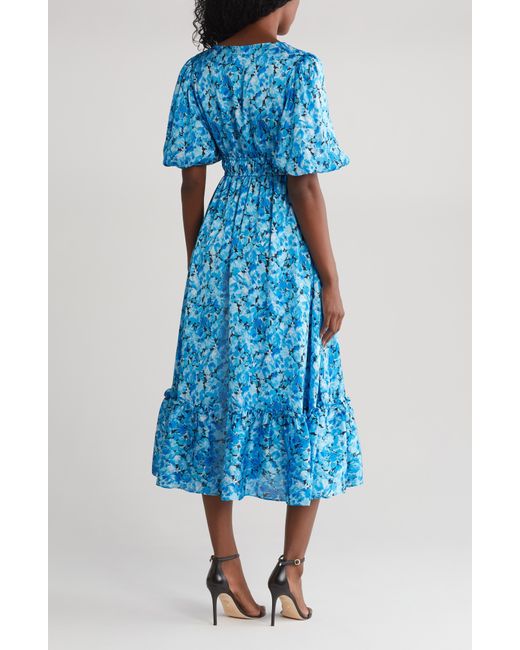 Kensie Blue Floral Puff Sleeve Midi Dress