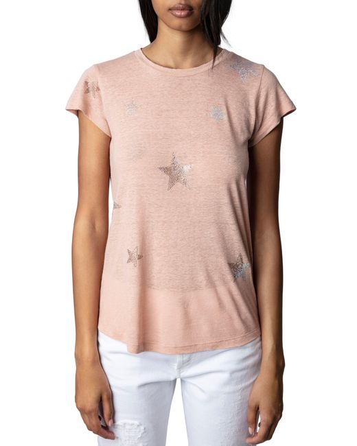Zadig & Voltaire Pink Strass Star Linen Blend T-shirt
