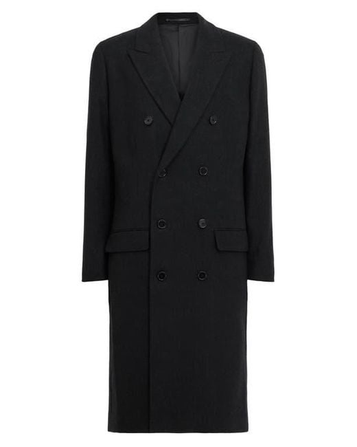 AllSaints Black Arcade Double Breasted Wool Blend Topcoat for men