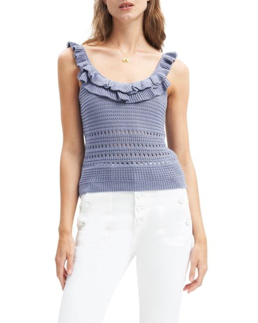 7 For All Mankind Blue Openwork Ruffle Neck Sweater Tank