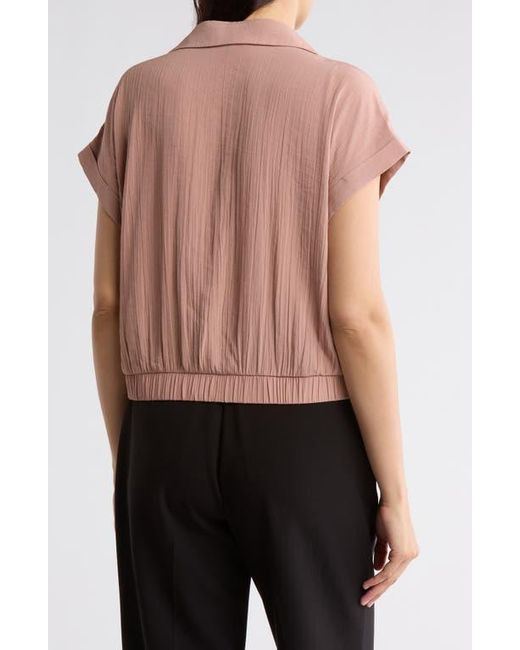 Pleione Black Short Sleeve Faux Wrap Textured Satin Top