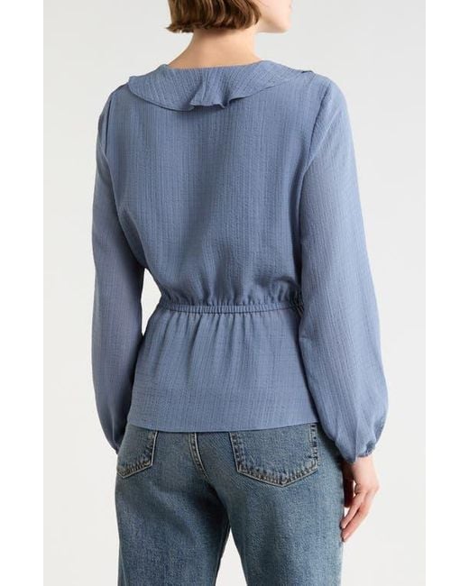 Max Studio Blue Ruffle Long Sleeve Faux Wrap Top