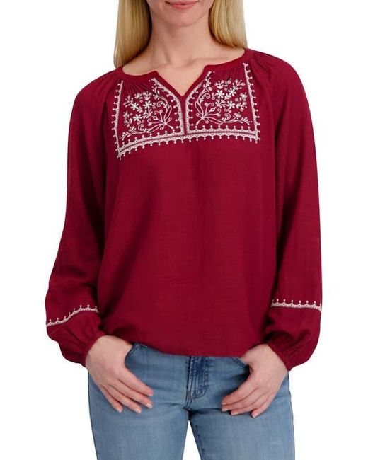 Lucky Brand Embroidered Long Sleeve Cotton Blend Top