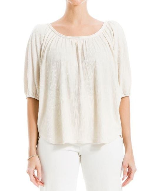 Max Studio White Textured Knit Bubble Sleeve Knit Top