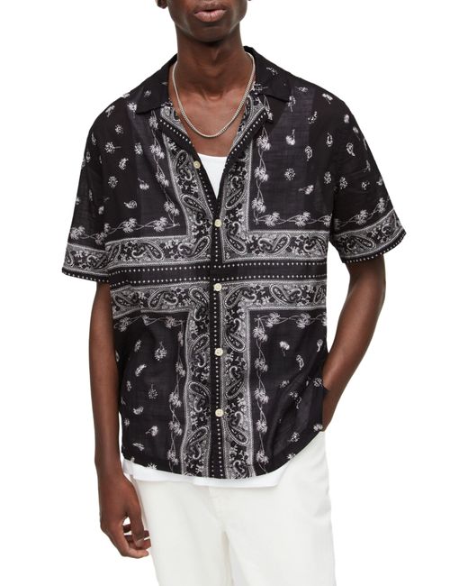 AllSaints Pima Paisley Short Sleeve Button-up Shirt In Jet Black